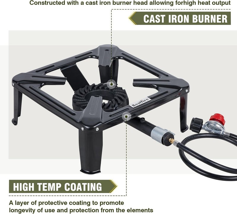 BestFire High Pressure Propane Burner, 120000 BTU Single Propane Stove with 4.1ft 0-20Psi Adjustable Hose with Regulator, 16" Square Steel Cooktop for Camping - Image 4